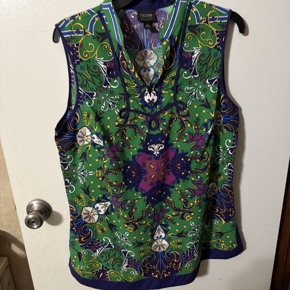 Nicole by Nicole Miller Women's Green Floral Pattern Sleeveless Blouse Size L